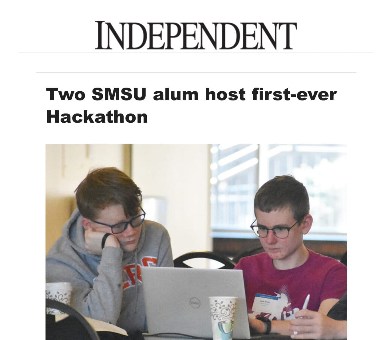 Front of the Marshall Independent article: Two SMSU alum host first-ever Hackathon